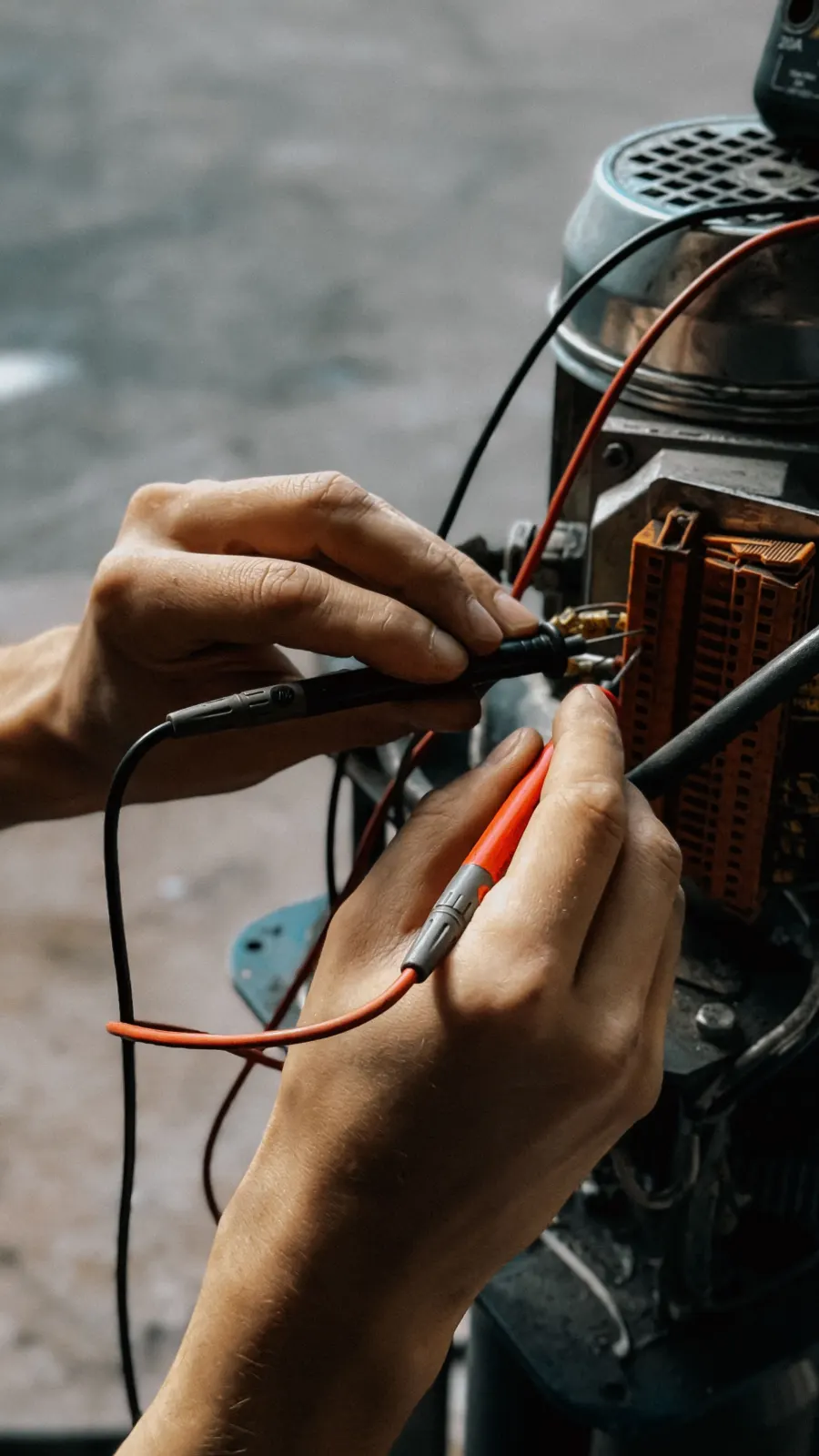 Hands checking electrical connections with multimeter probes