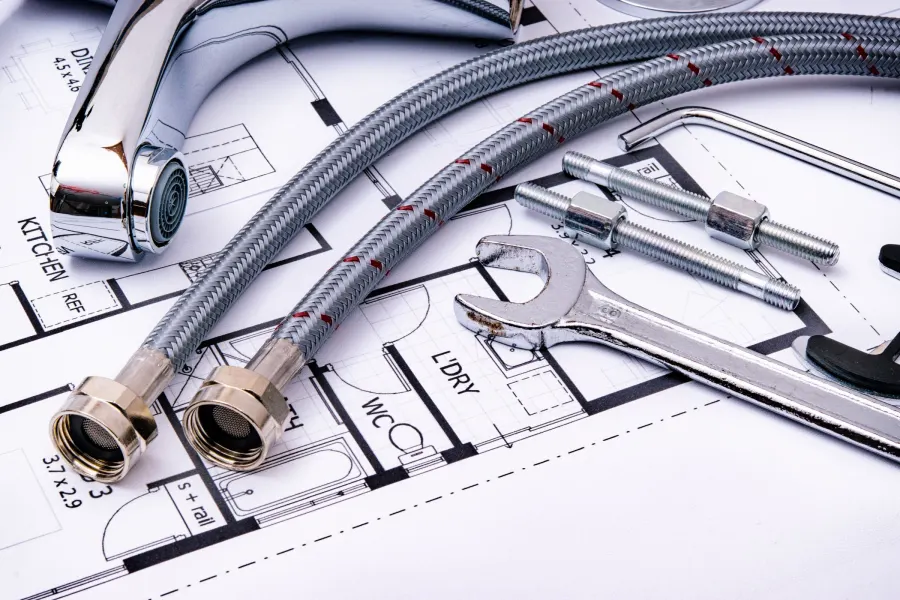 Tap fittings, flexible hoses and spanner laid out for a bathroom repair