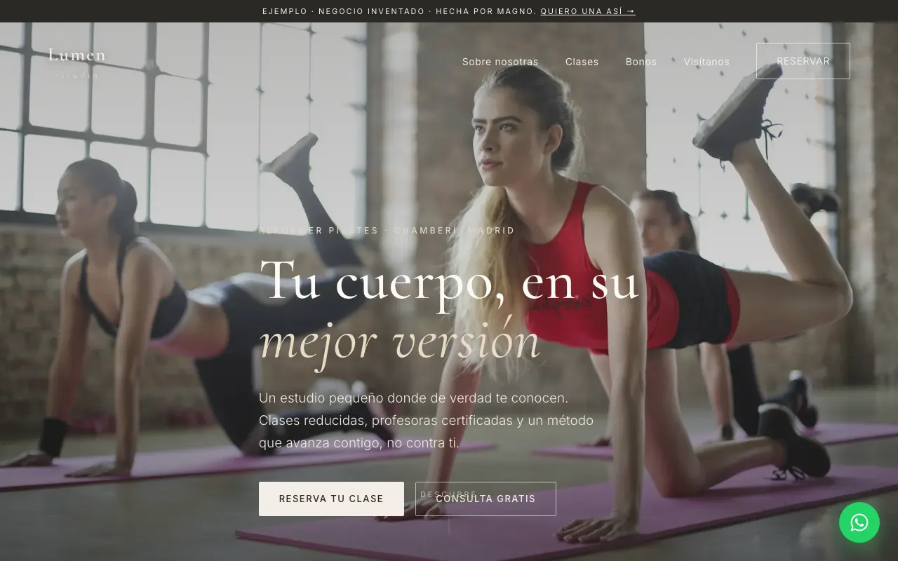 Web de muestra de Estudio Lumen, un estudio de pilates inventado en Madrid