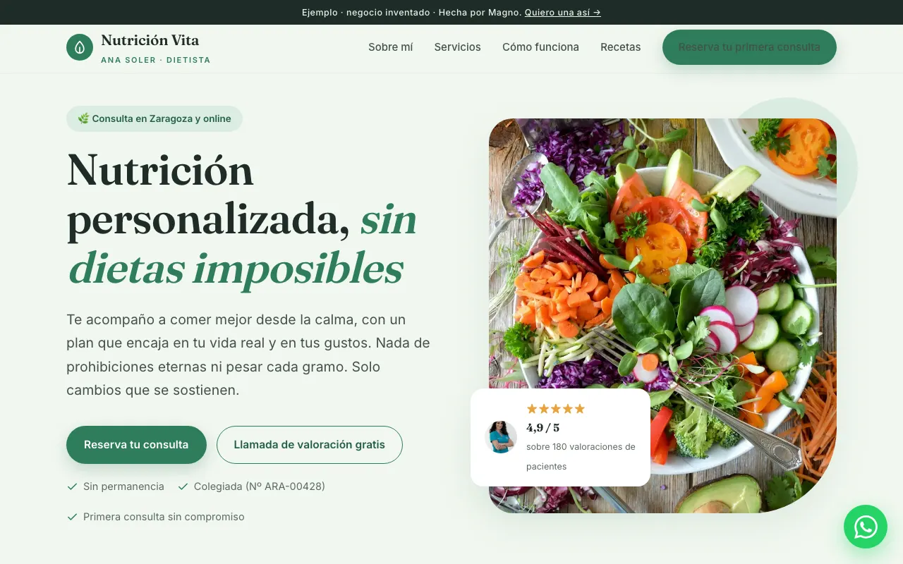 Web de muestra de Nutrición Vita, una consulta de nutrición inventada en Zaragoza