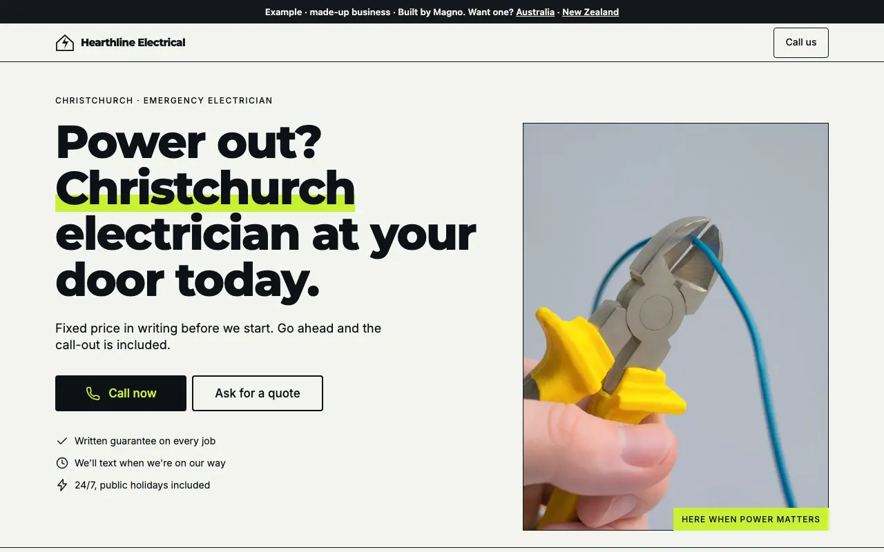 Sample site for Hearthline Electrical, a made-up electrician in Christchurch