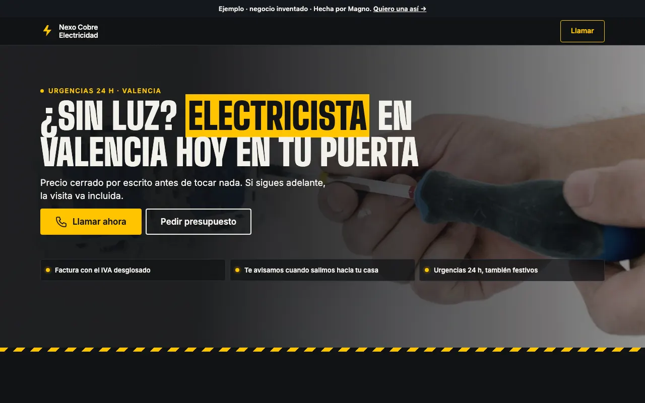 Web de muestra de Nexo Cobre Electricidad, un electricista inventado en Valencia