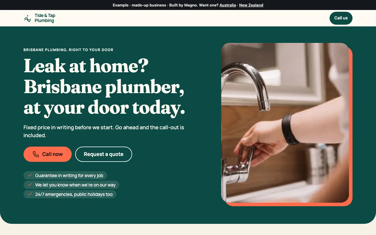 Sample site for Tide & Tap Plumbing, a made-up plumber in Brisbane
