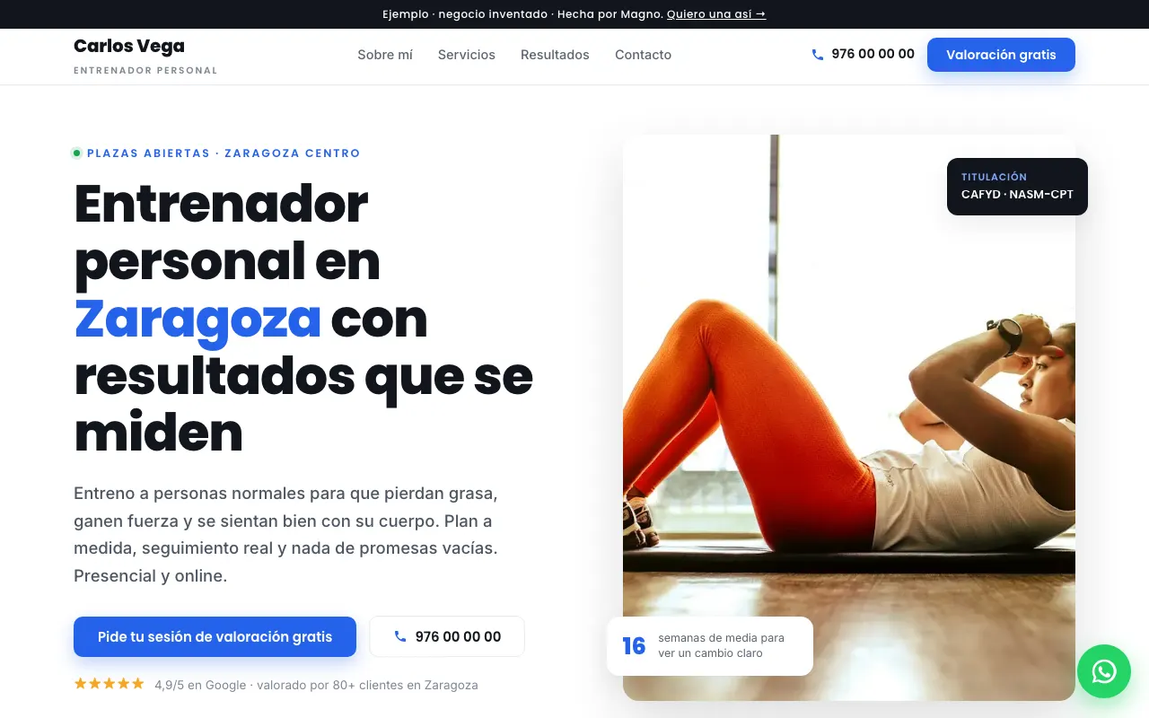 Web de muestra de Carlos Vega, un entrenador personal inventado en Zaragoza